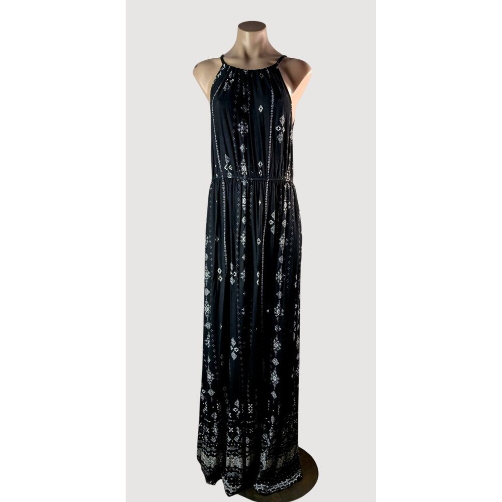 Skies Are Blue Black White Print Maxi Dress Size M Sleeveless Halter Tie Neck